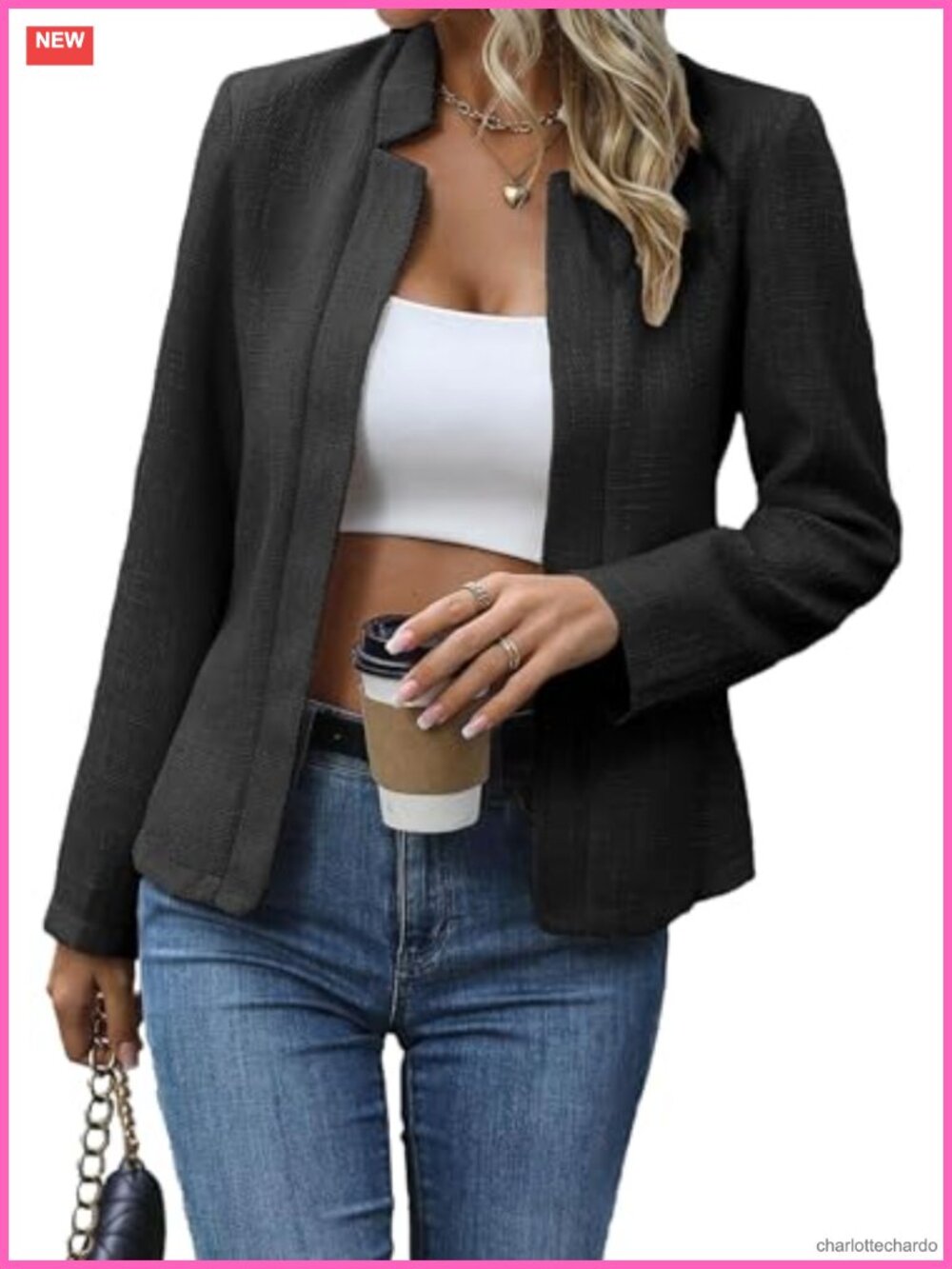 Women's Tweed Blazer Open Front Plaid Fitted Jacket Business Casual